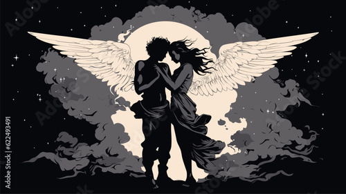 Illustration of Black and white angels embrace in an impulse of passion against the star sky