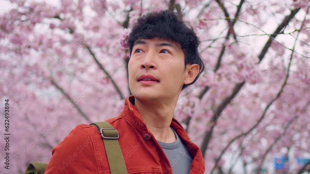 Asian young man backpacker traveler travel and looking around in city. 