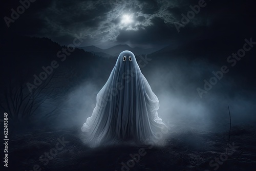 Halloween ghost in the dark foggy forest. 3D rendering