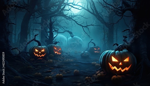 Halloween pumpkins in the dark forest, 3d render illustration