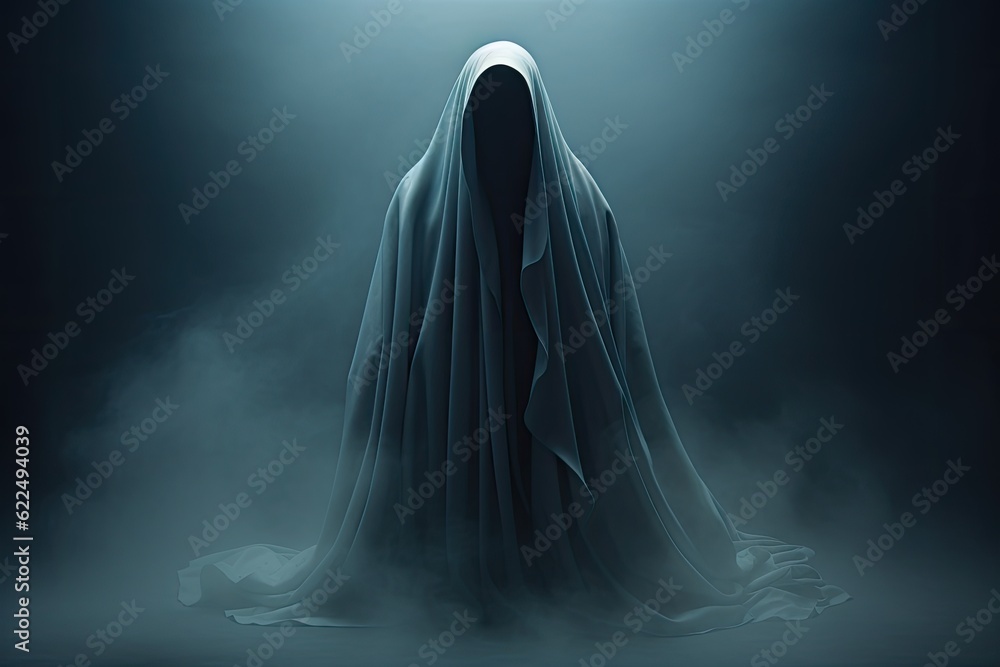 Mysterious ghost in foggy dark room, 3D rendering Mysterious ghost in foggy dark room, 3D rendering