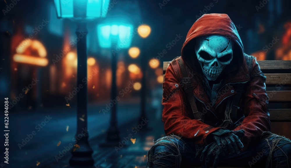 Scary man with skull mask sitting on a bench in the city at night Scary man with skull mask sitting on a bench in the city at night