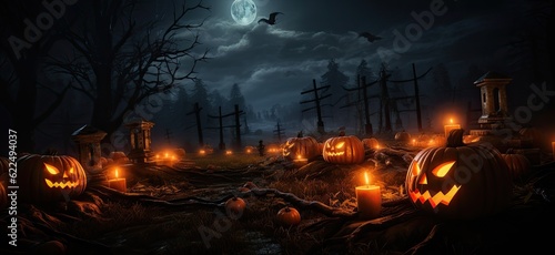Halloween background with pumpkins, bats and gravestones. 3d rendering