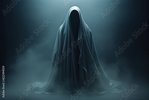 Mysterious ghost in foggy dark room, 3D rendering