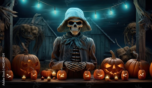 Halloween background with pumpkins and skeleton. 3d rendering.