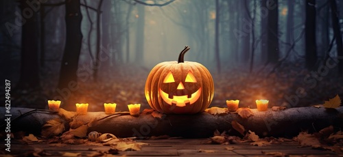 Halloween pumpkin with burning candles in foggy forest, 3D rendering