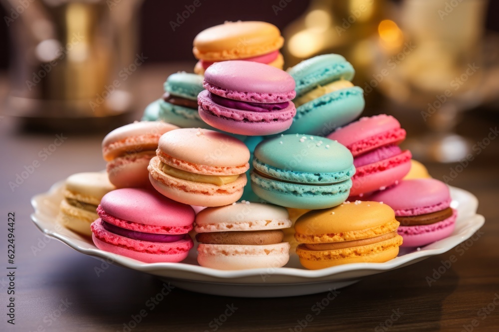 Multicolored macaroons on ceramic plate isolated on white