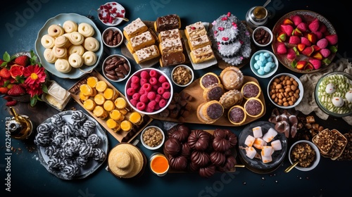 Dessert table with all kinds snacks on dark background. Candy bar. Celebration concept. Top view, flat lay