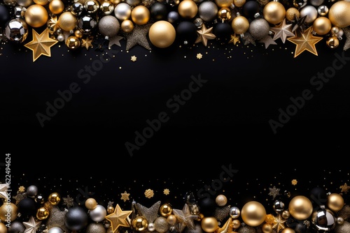 Christmas and New Year background with gold and silver decorations on black.