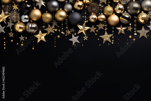 Christmas and New Year background with gold and black baubles, stars and confetti.