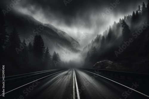 A black and white photo of a foggy road. Generative AI image.