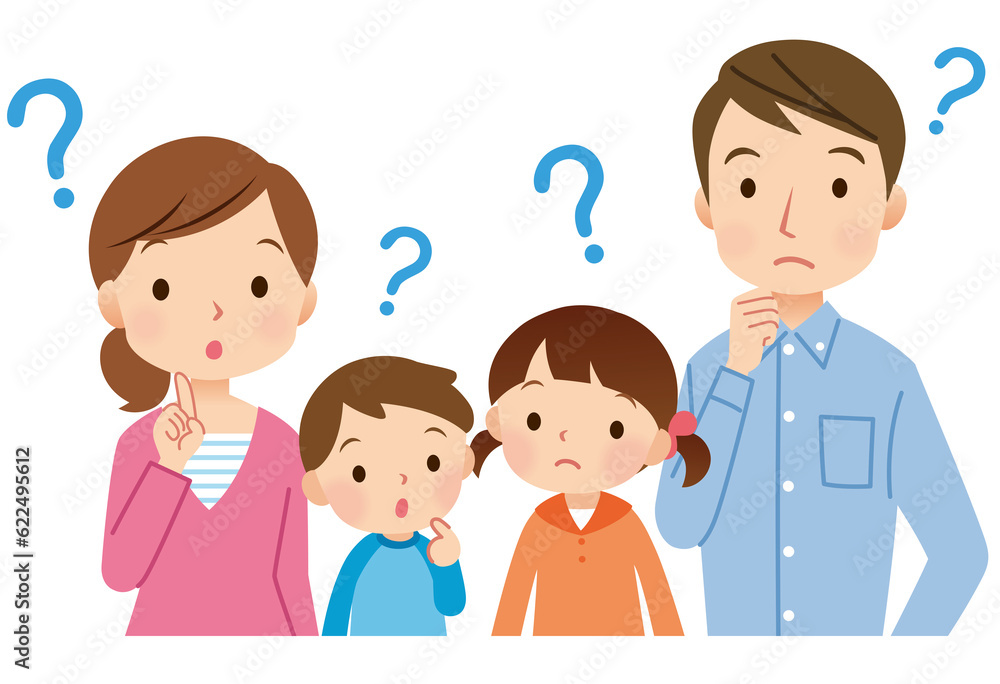 考える表情の家族　四人家族　親子　疑問