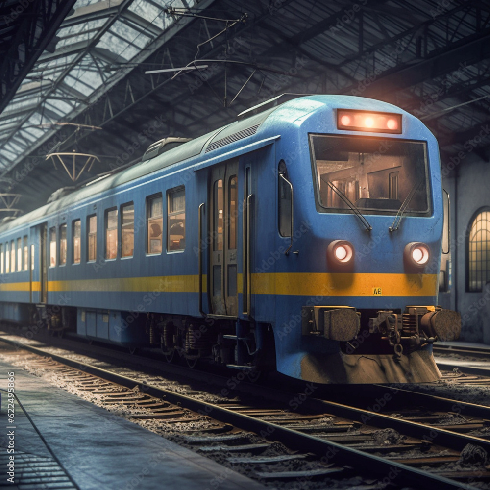 a blue and yellow train In a station