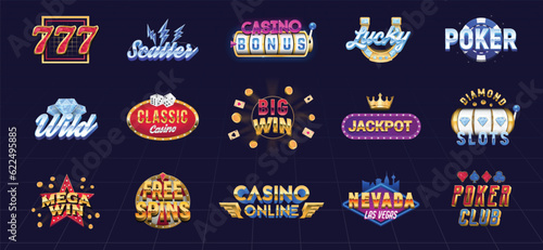 Casino logos, signs set. Retro neon design. Gamble, Casino, Slots signs. 15 logo designs. Vector illustration