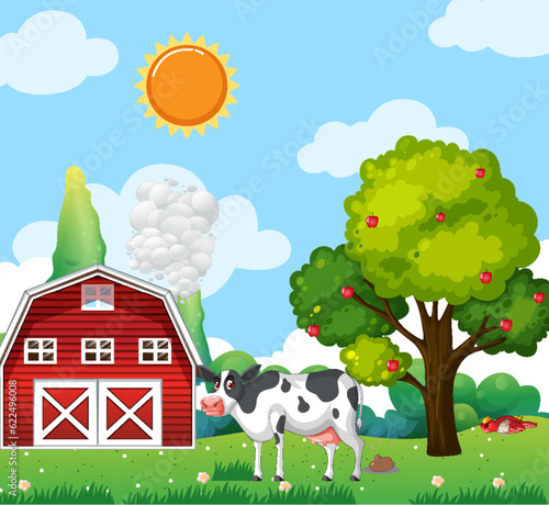 Cow in Grass Field and Blue Sky Scene