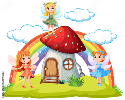 Mushroom house fairy tale with fairy cartoon