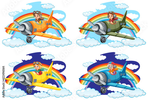 Happy Boy Riding Plane with Rainbow in the Sky
