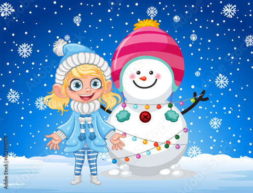 Happy girl with snowman and snow background