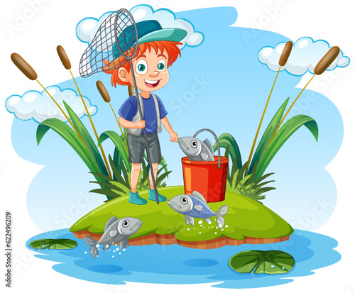Cartoon Boy Fishing in the Pond