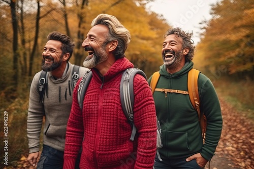A forest walk with true friends is the best psychological relief after a noisy and stressful office week. Three middle aged hikers in the autumn forest.