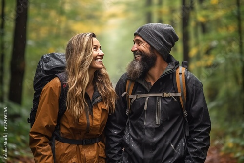 Photorealistic image of a middle aged couple of hikers walk through the forest in rainy weather.