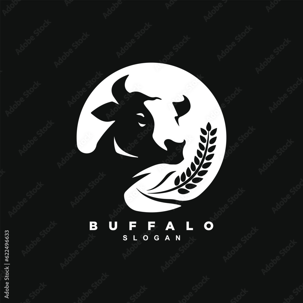 Obraz premium Vintage buffalo with wheat logo design badge isolated on black background
