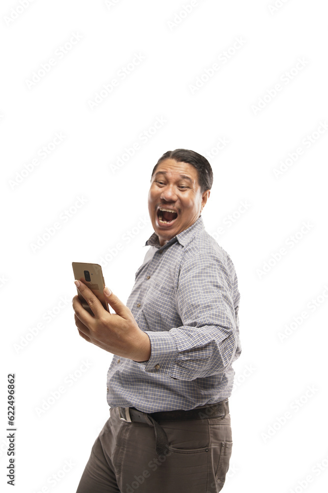 old asian man celebrating his success while holding a phone white background isolated old asian man celebrating his success while holding a phone white background isolated