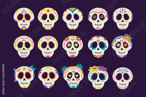 Set of sugar skull element flat design illustration, skull of day of the dead