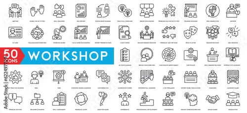 Workshop icon set. Containing team building, collaboration, teamwork, coaching, problem solving and education icons.