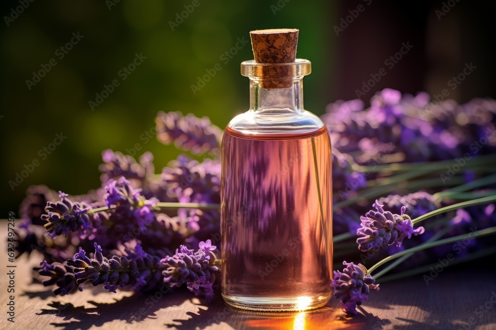 Lavender essential oil bottle with a sprig of lavender for use in the spa with massage, aromatherapy. Lavender essential oil bottle with a sprig of lavender for use in the spa with massage, aromatherapy.