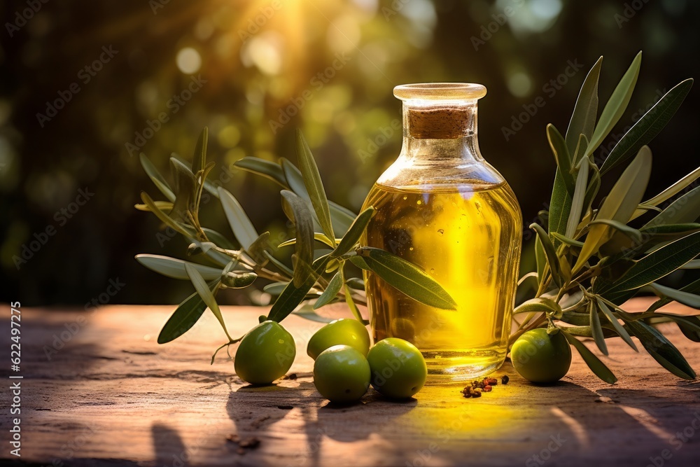 Olive oil with fresh olives and olive branch on the wooden table sunlight background Olive oil with fresh olives and olive branch on the wooden table sunlight background