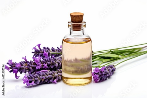 Lavender essential oil bottle with a sprig of lavender on white background for use in the spa with massage  aromatherapy.