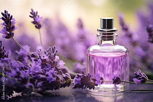 Lavender essential oil bottle with a sprig of lavender for use in the spa with massage, aromatherapy.