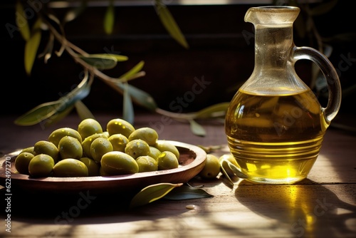 Olive oil with fresh olives and olive branch on the wooden table