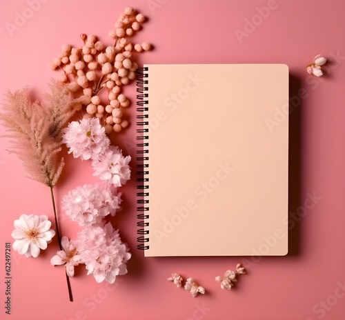 blank book page background and pink flowers
