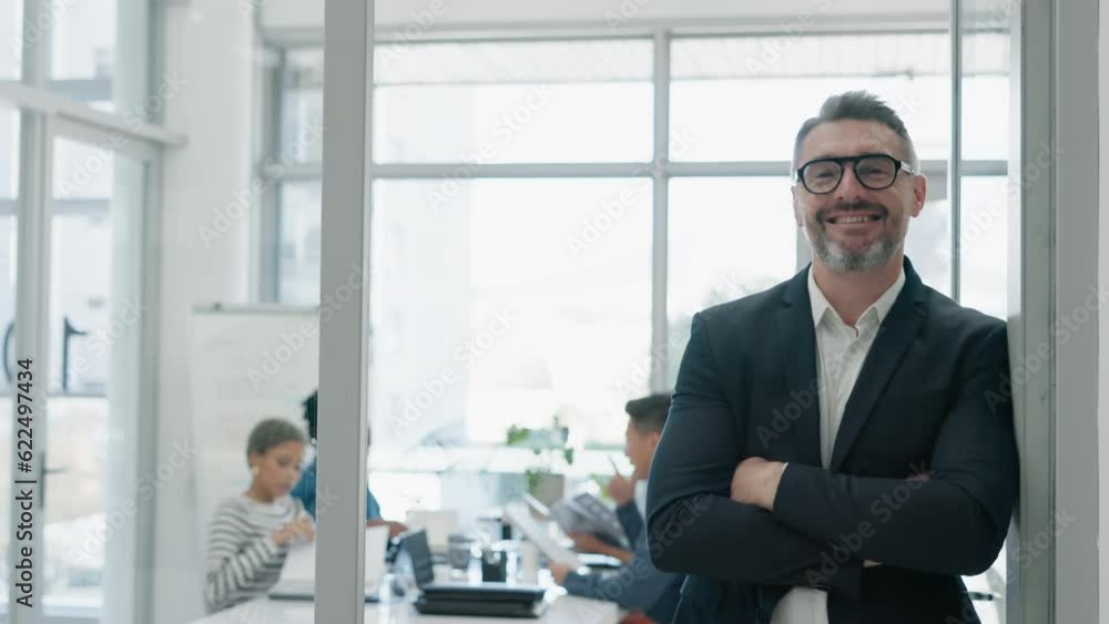 Happy businessman, leadership and meeting in project management or confidence at the office. Portrait of senior male person, CEO or manager smile with arms crossed for team collaboration at workplace Happy businessman, leadership and meeting in project management or confidence at the office. Portrait of senior male person, CEO or manager smile with arms crossed for team collaboration at workplace