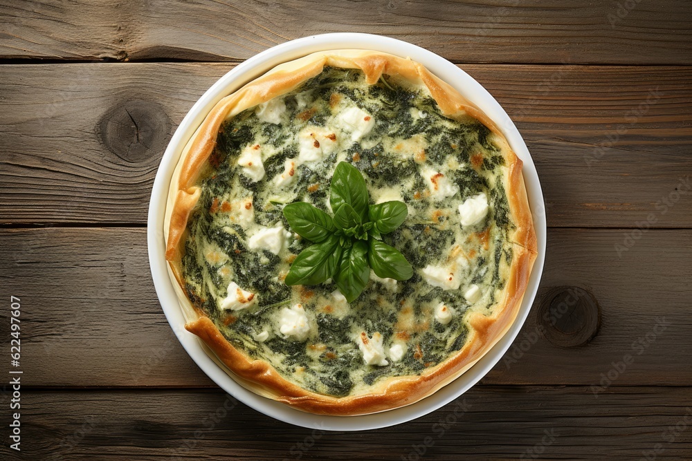 Vegetarian spinach pie or tart with feta cheese on wooden background. Top view. Vegetarian spinach pie or tart with feta cheese on wooden background. Top view.
