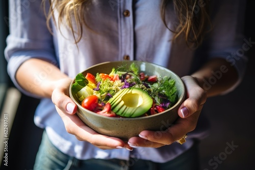 Woman holding plate with vegan or vegetarian food. Healthy plant based diet. Buddha bowl salad.