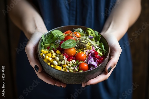 Woman holding plate with vegan or vegetarian food. Healthy plant based diet. Buddha bowl salad.