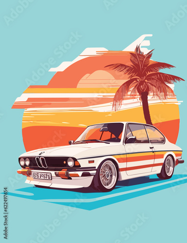 Vintage car on the background of palm trees and the sun illustration