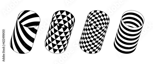 Collection of cylinder with different patterns. Striped and checkered 3d tubes set. Black and white geometric elements for design templates, icons, logo. Abstract vector tunnels pack