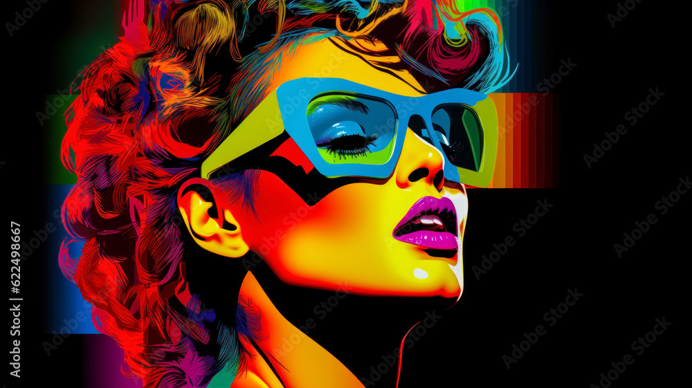 Portrait of a pretty young woman with wavy hair and sunglasses dancing ...
