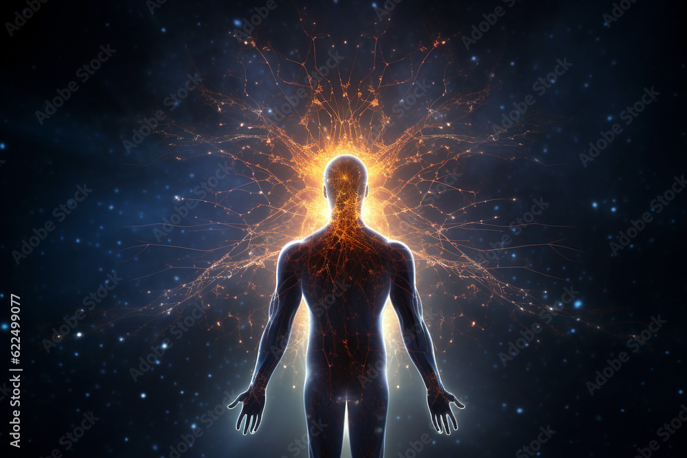 Human body with glowing energy particles on dark background