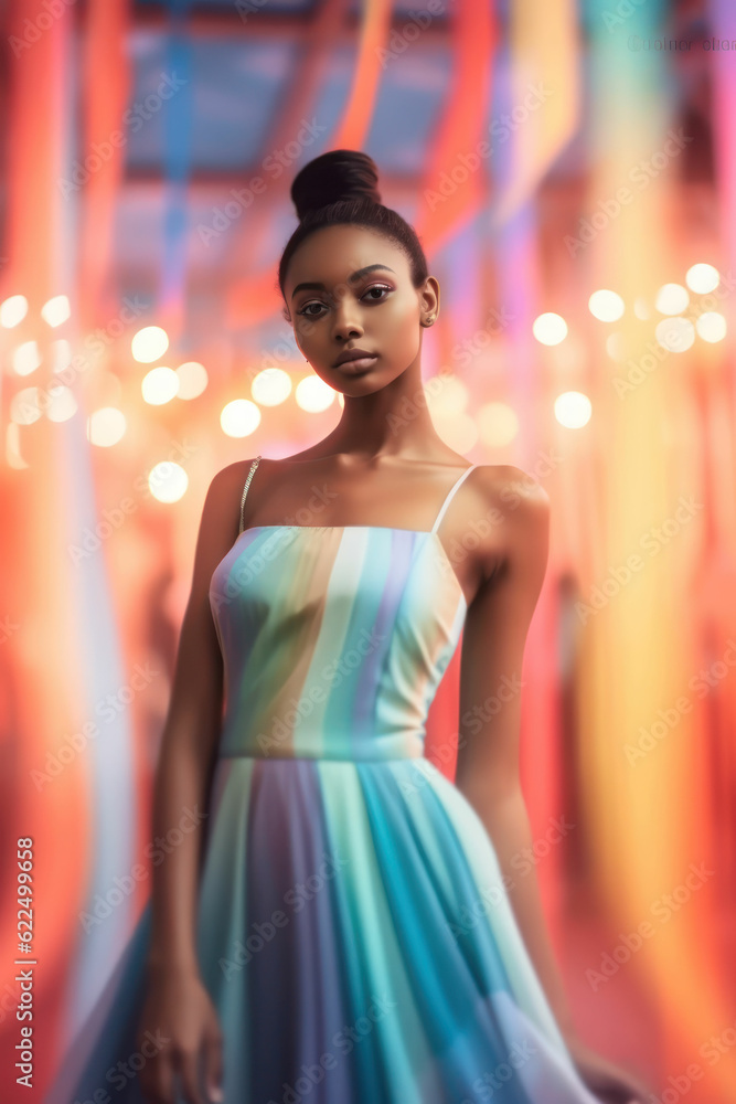 Beautiful skinny young african american woman on blur soft colorful