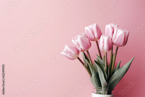 Bouquet of pink tulips flower on pink background. Top view background with copy space illustration © ardanz