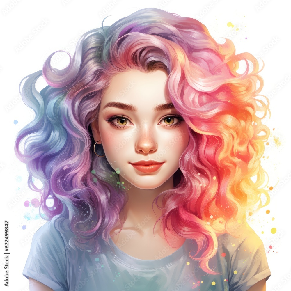 Fototapeta premium Cute young woman portrait with colorful hair, watercolor portrait, isolated on white background.