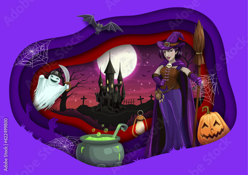 Halloween holiday paper cut cartoon witch, castle and potion pot. Vector double exposition design with 3d effect frame, pumpkin, ghost, hag in purple dress at night landscape with full moon and trees
