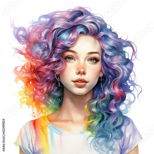 Cute young woman portrait with colorful hair, watercolor portrait, isolated on white background.