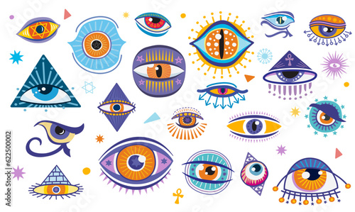 Magical witchcraft eyes, esoteric and occult magic symbols of oracle providence, cartoon vector. Witchcraft and clairvoyant signs of Horus eye and Egypt pyramid for magic divination or mystery amulets