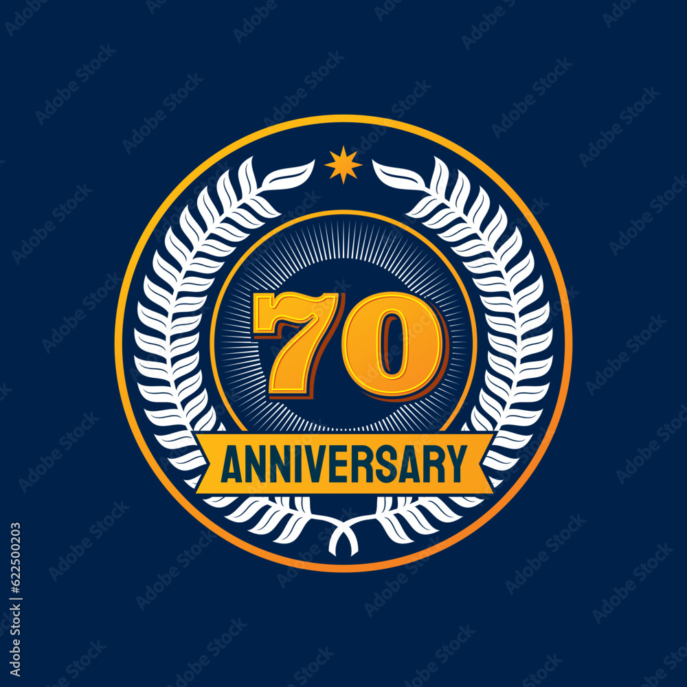 Fototapeta premium Birthday badge and label anniversary, jubilee seal or party number mark, vector banner. 70 years anniversary emblem with ribbon and star, 70th birthday, business or wedding jubilee celebration wreath